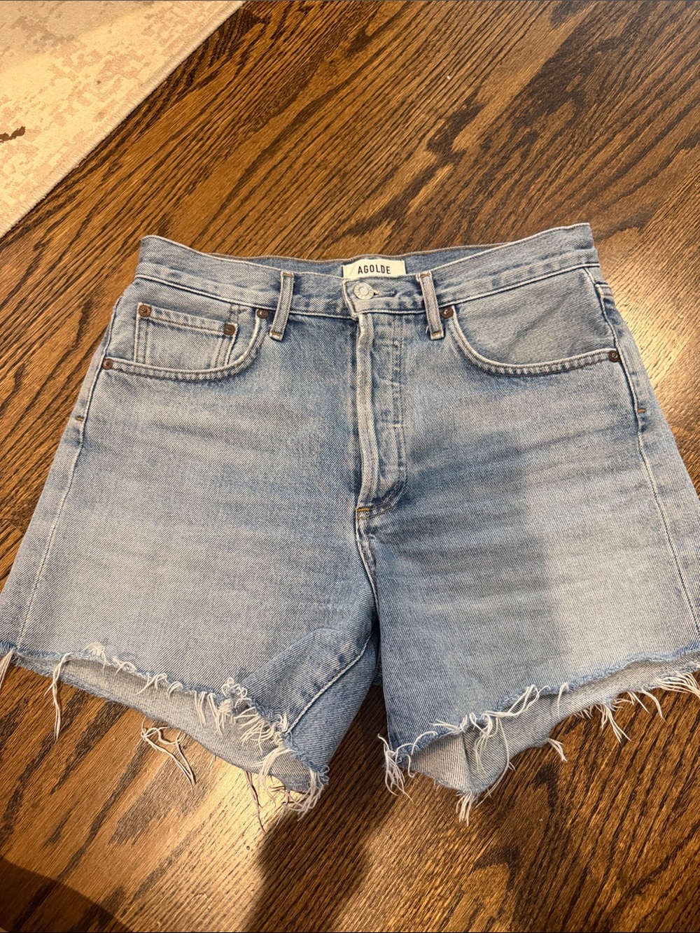 Agolde Light Wash Reese High-Rise Frayed Denim Shorts